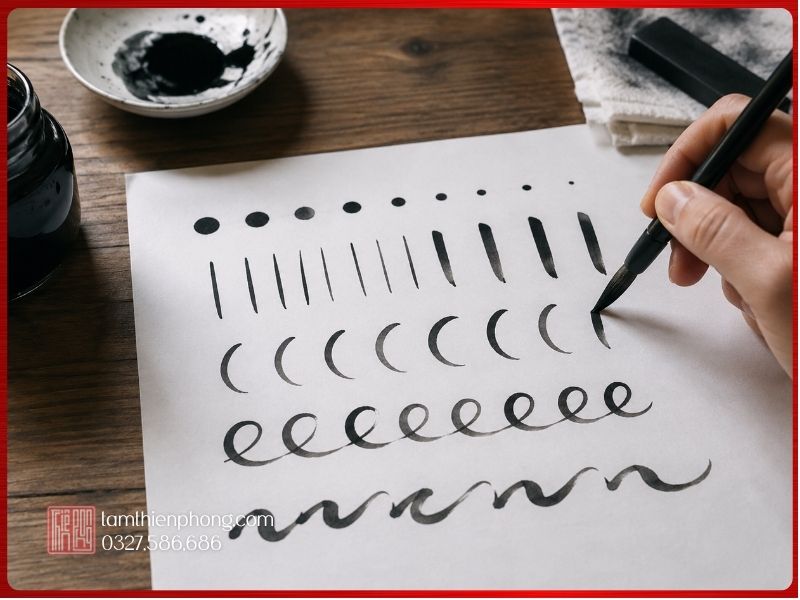 Luyện nét cơ bản bằng bút lông thư pháp Người học luyện các nét cơ bản bằng bút lông trên giấy viết thư pháp