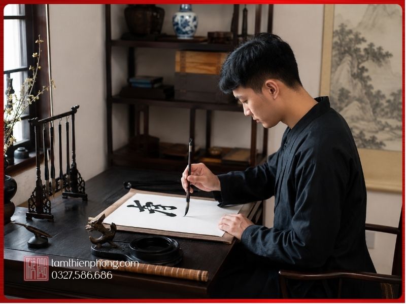 Tư thế ngồi viết thư pháp và cách cầm bút lông Người học thư pháp ngồi đúng tư thế và cầm bút lông khi luyện viết chữ