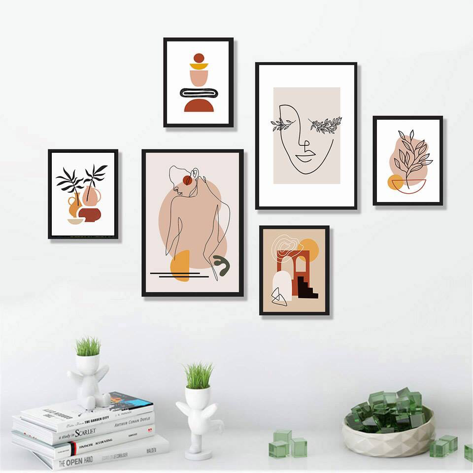 Bộ khung 06 tranh Minimalist tông màu cam nâu hiện đại treo tường