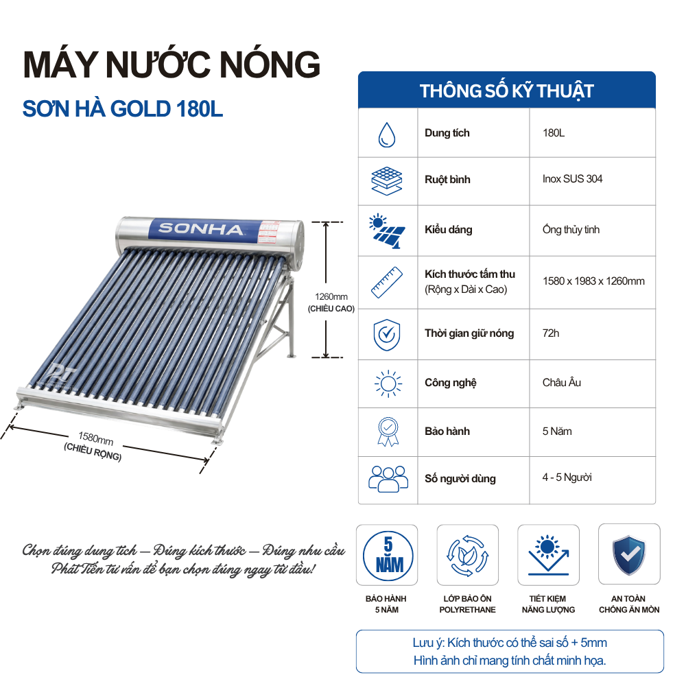 Máy nước nóng năng lượng mặt trời Sơn Hà Gold 180L Máy nước nóng năng lượng mặt trời Sơn Hà Gold 180L