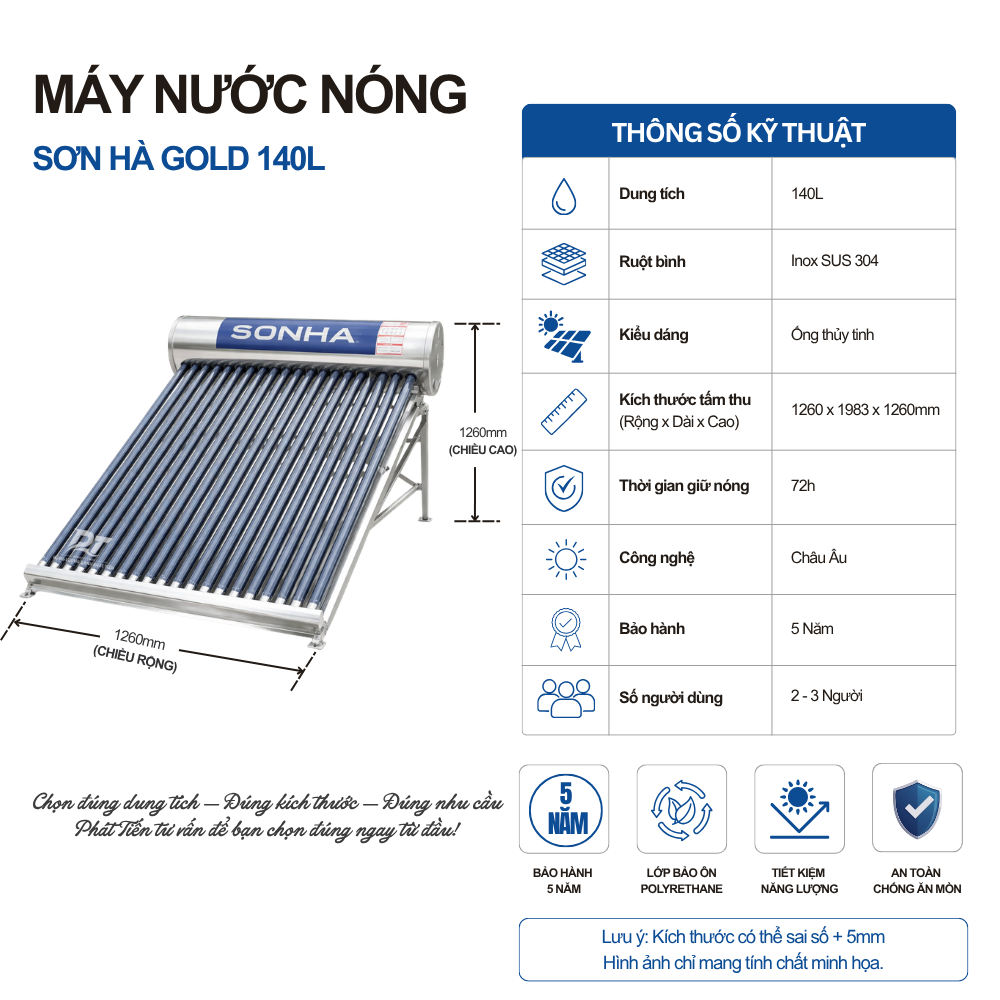 Máy nước nóng năng lượng mặt trời Sơn Hà Gold 140L Máy nước nóng năng lượng mặt trời Sơn Hà Gold 140L