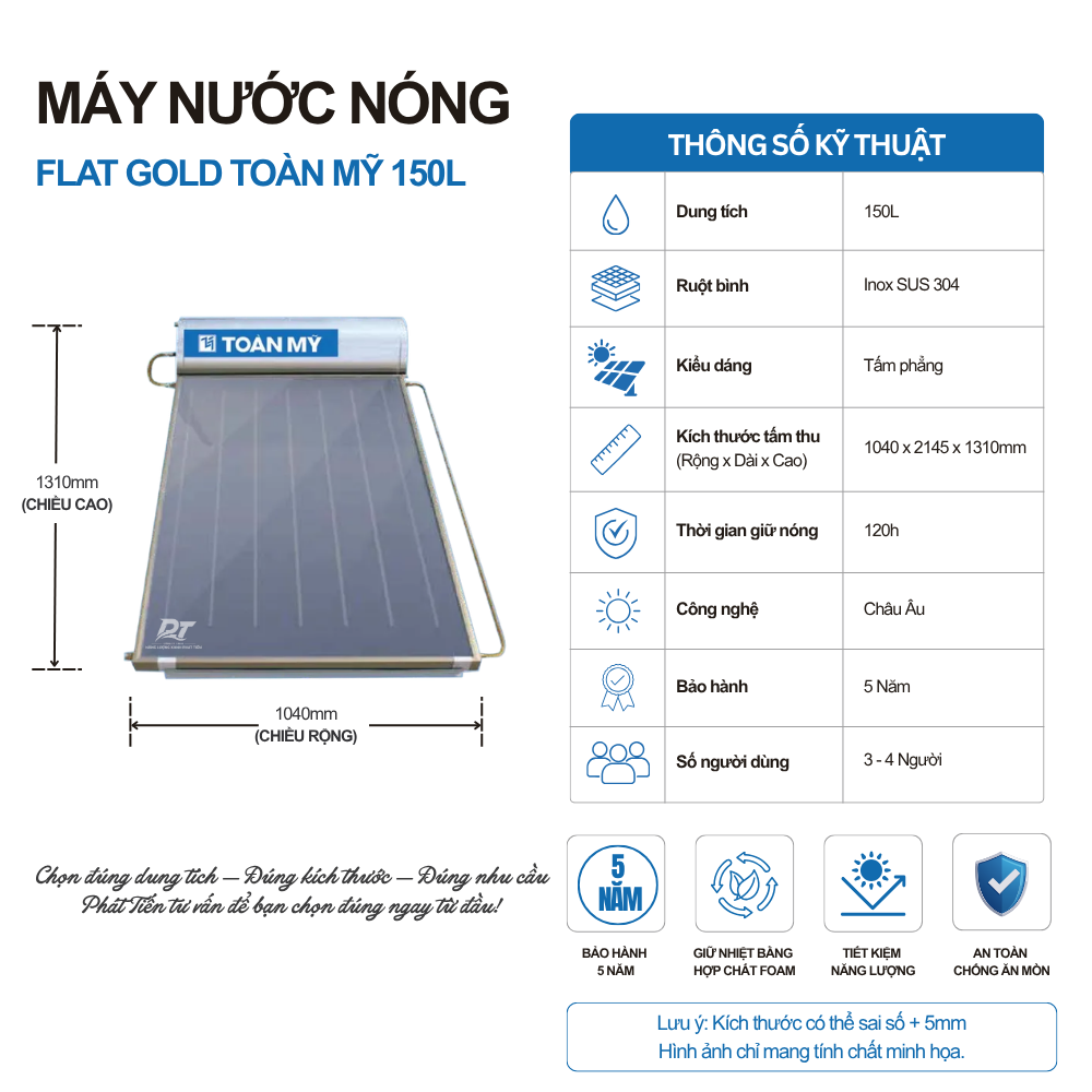 Máy nước nóng tấm phẳng Flat Gold Toàn Mỹ 150L Máy nước nóng tấm phẳng Flat Gold Toàn Mỹ 150L