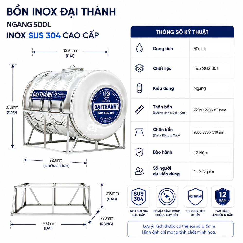 Bồn inox Đại Thành 500L Bồn inox Đại Thành 500L