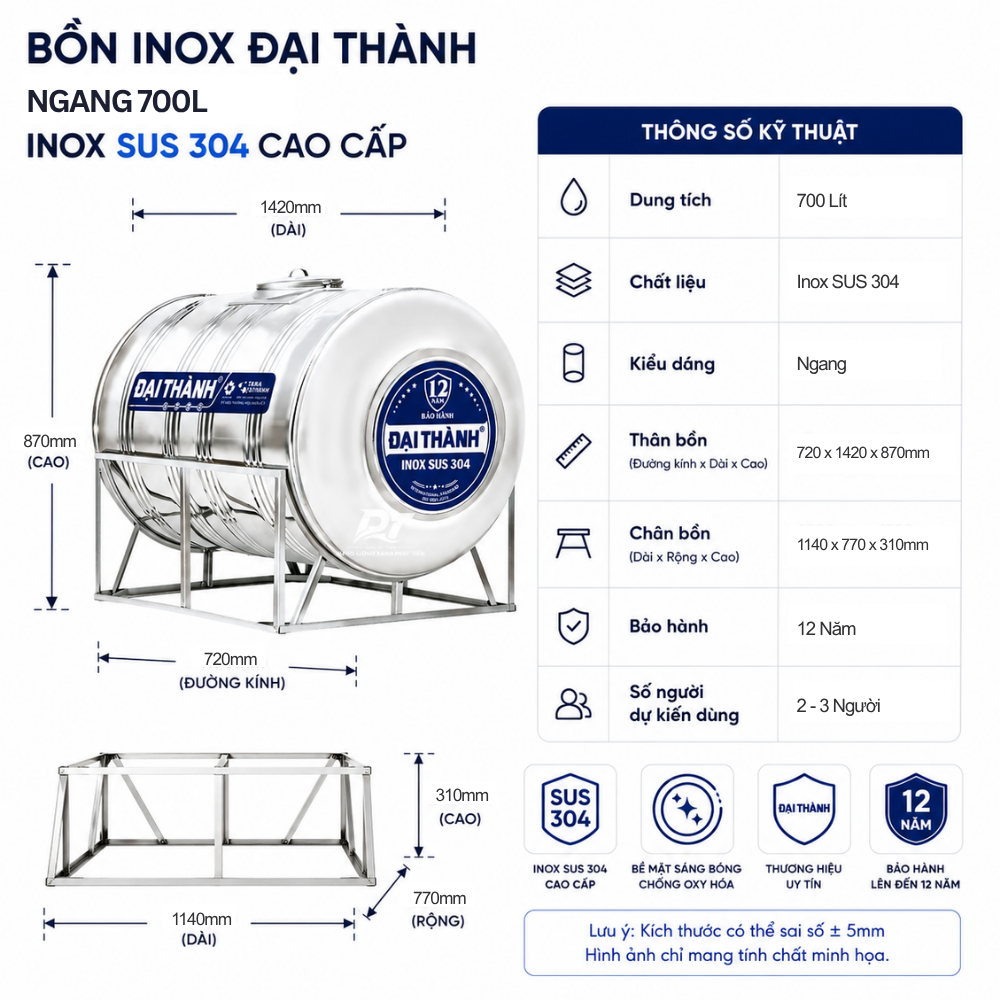 Bồn inox Đại Thành 700L Bồn inox Đại Thành 700L