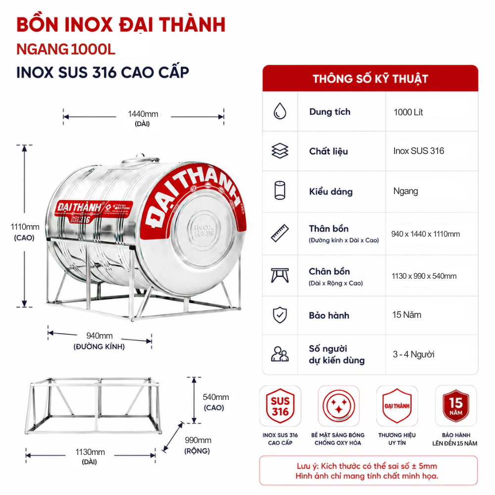 Bồn inox Đại Thành Vigo 1000L Bồn inox Đại Thành Vigo 1000L