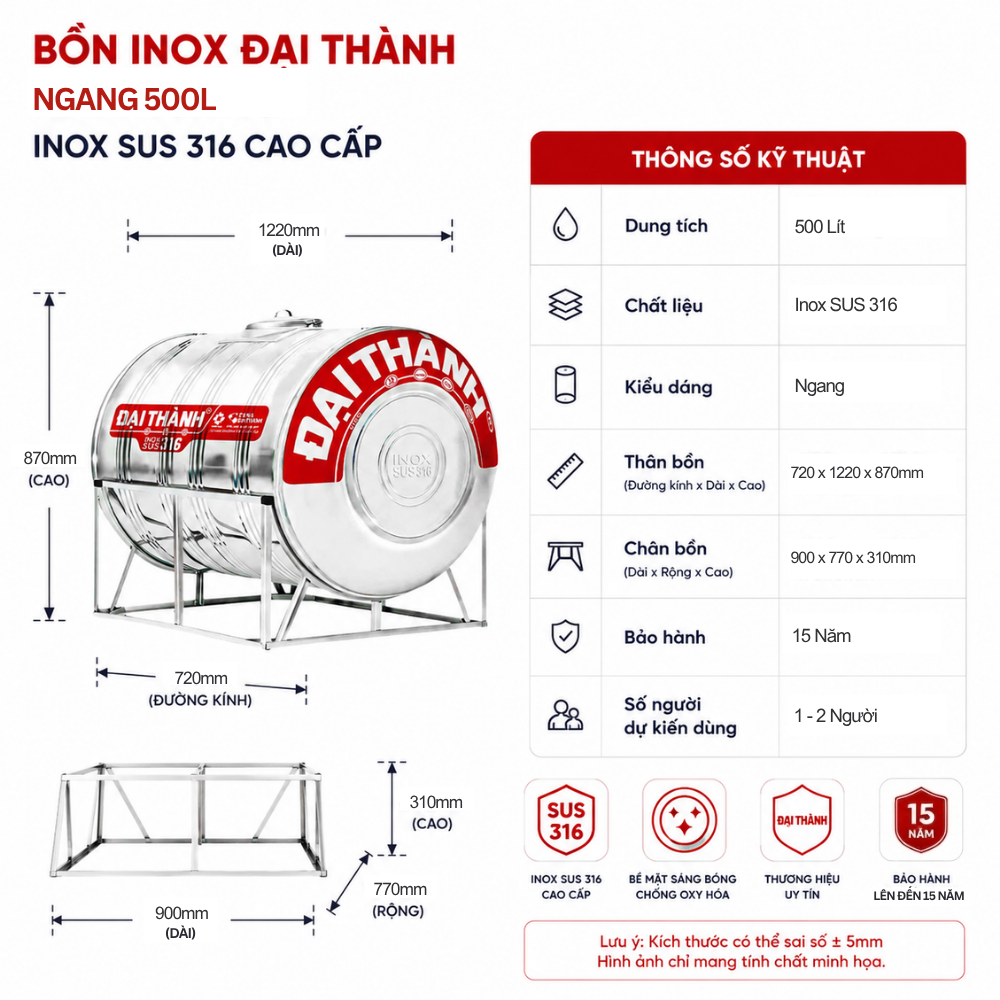 Bồn inox Đại Thành Vigo 500L Bồn inox Đại Thành Vigo 500L