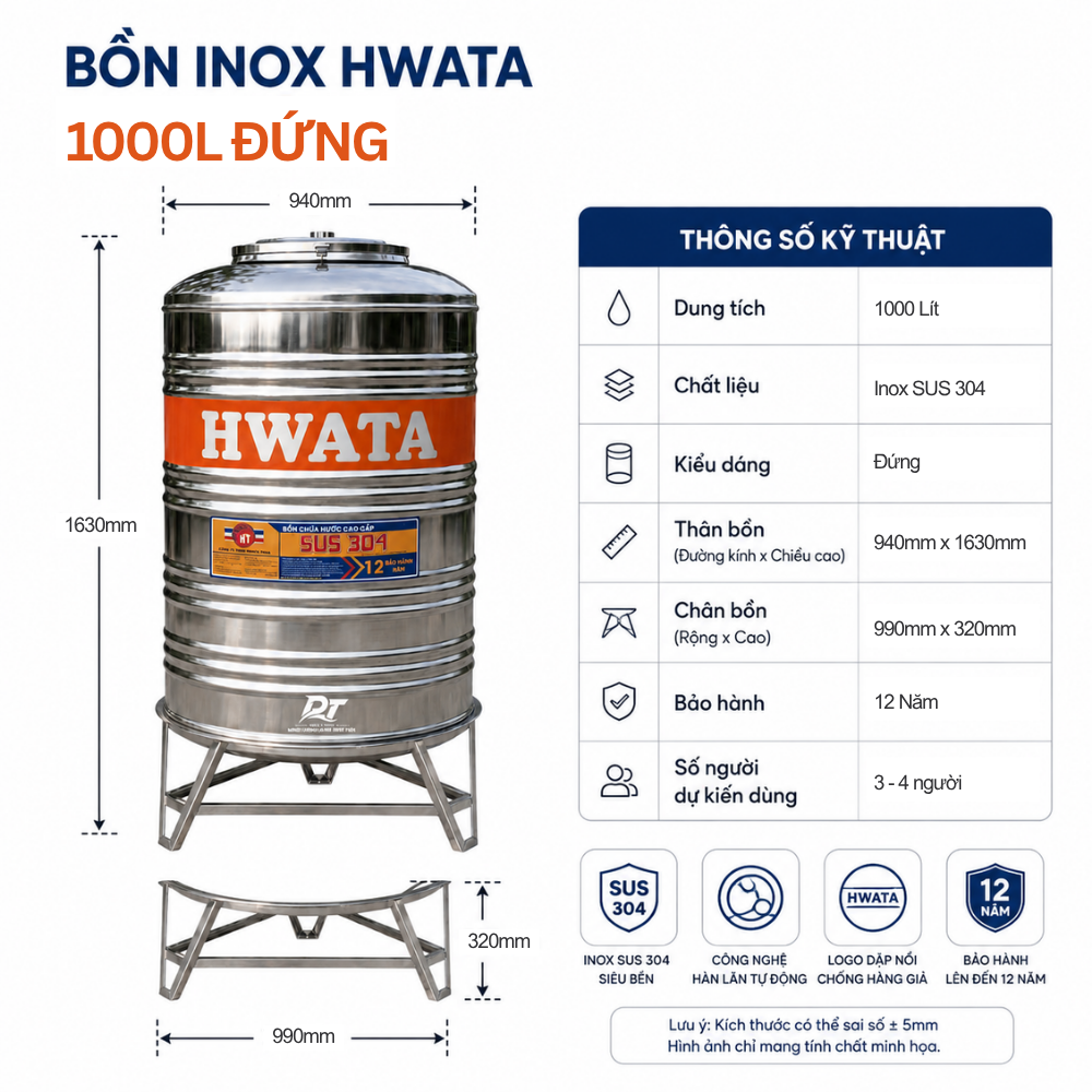 Bồn inox Hwata 1000L đứng Bồn inox Hwata 1000L đứng