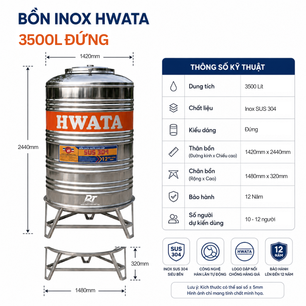 Bồn inox Hwata 3500L Bồn inox Hwata 3500L