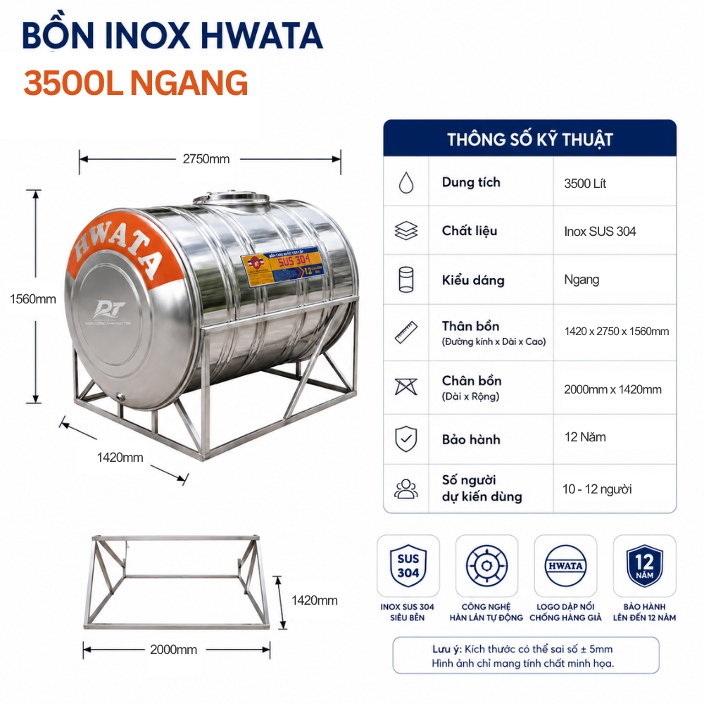 Bồn inox Hwata 3500L Bồn inox Hwata 3500L