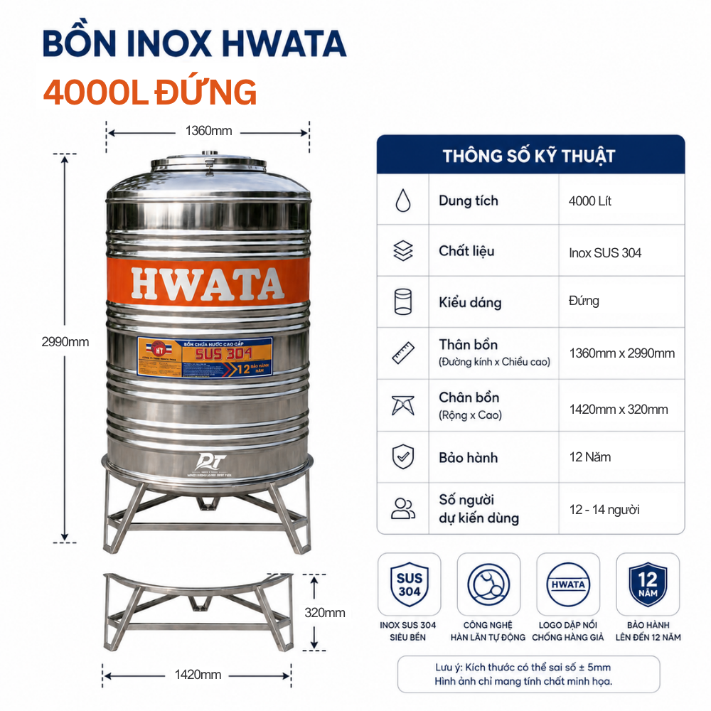 Bồn inox Hwata 4000L Bồn inox Hwata 4000L