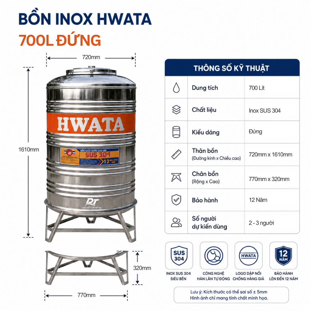 Bồn inox Hwata 700L Bồn inox Hwata 700L