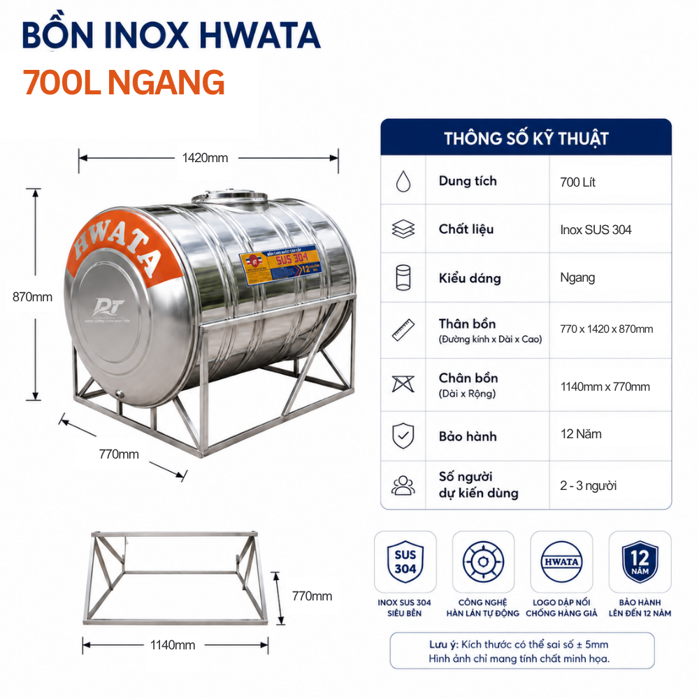 Bồn inox Hwata 700L Bồn inox Hwata 700L