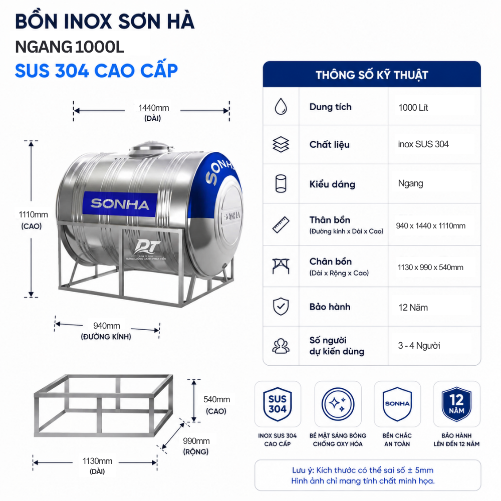 Bồn inox Sơn Hà 1000L Bồn inox Sơn Hà 1000L
