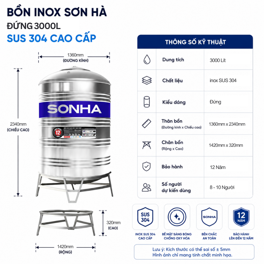 Bồn inox Sơn Hà 3000L Bồn inox Sơn Hà 3000L