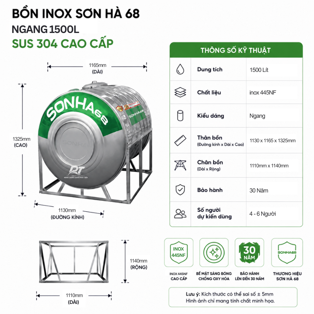 Bồn inox Sơn Hà 68 1500L Bồn inox Sơn Hà 68 1500L