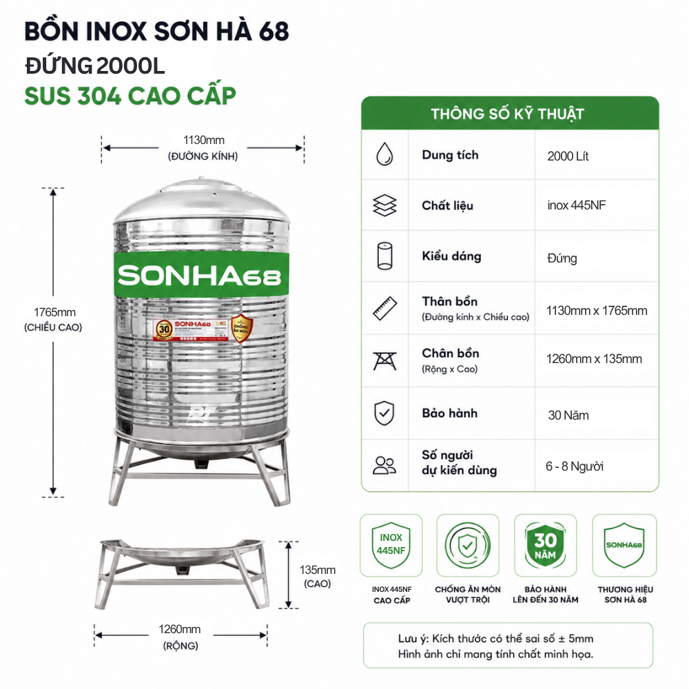 Bồn inox Sơn Hà 68 2000L Bồn inox Sơn Hà 68 2000L