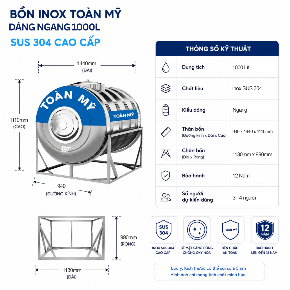 Bồn inox Toàn Mỹ 1000L Bồn inox Toàn Mỹ 1000L