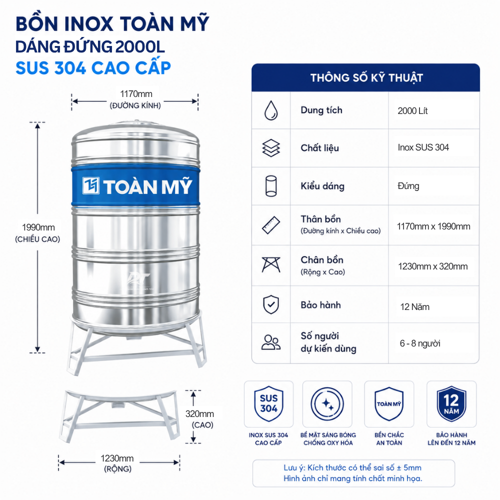 Bồn inox Toàn Mỹ 2000L Bồn inox Toàn Mỹ 2000L