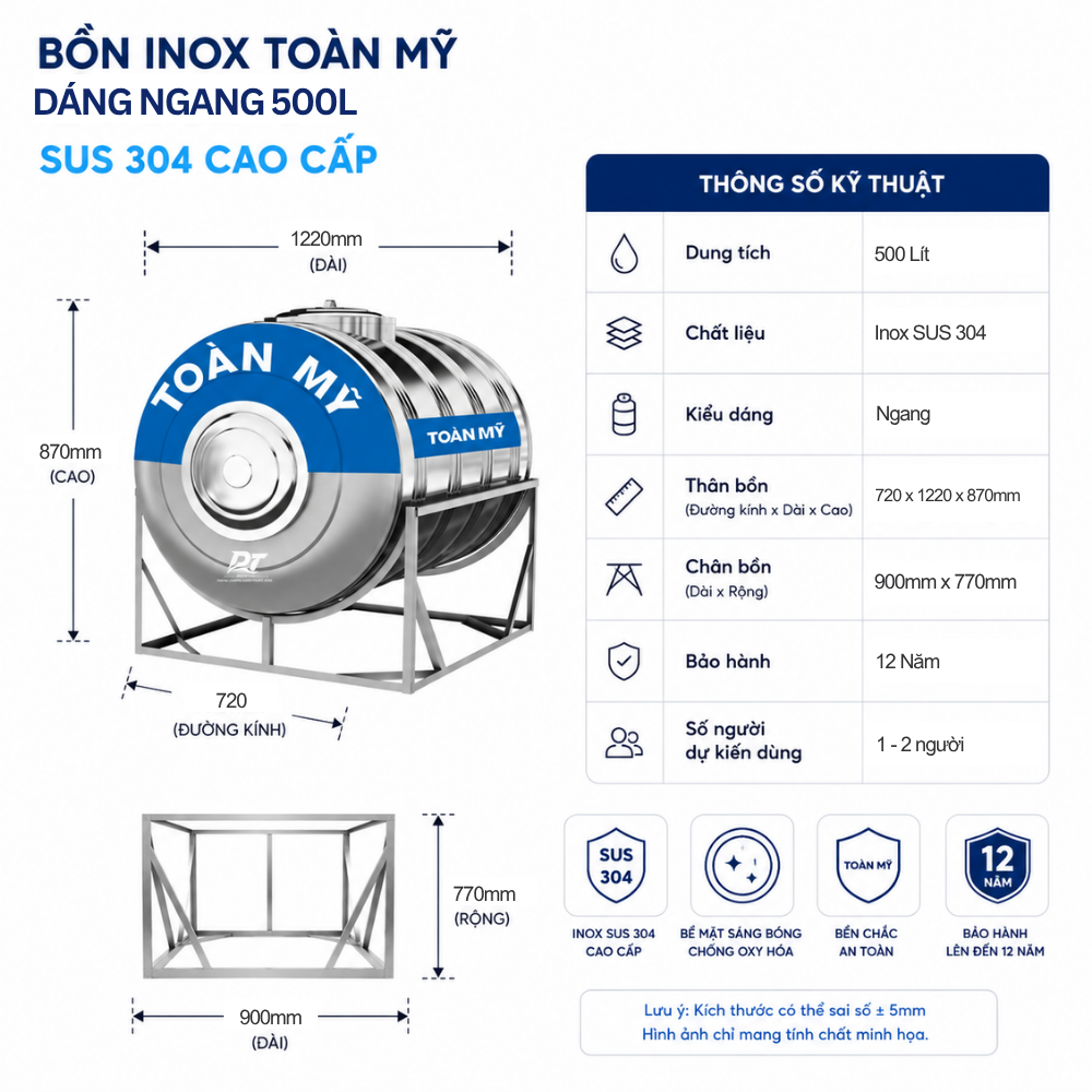Bồn inox Toàn Mỹ 500L Bồn inox Toàn Mỹ 500L