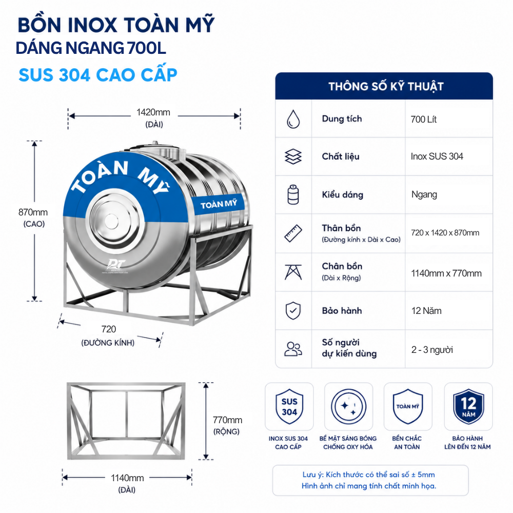 Bồn inox Toàn Mỹ 700L Bồn inox Toàn Mỹ 700L