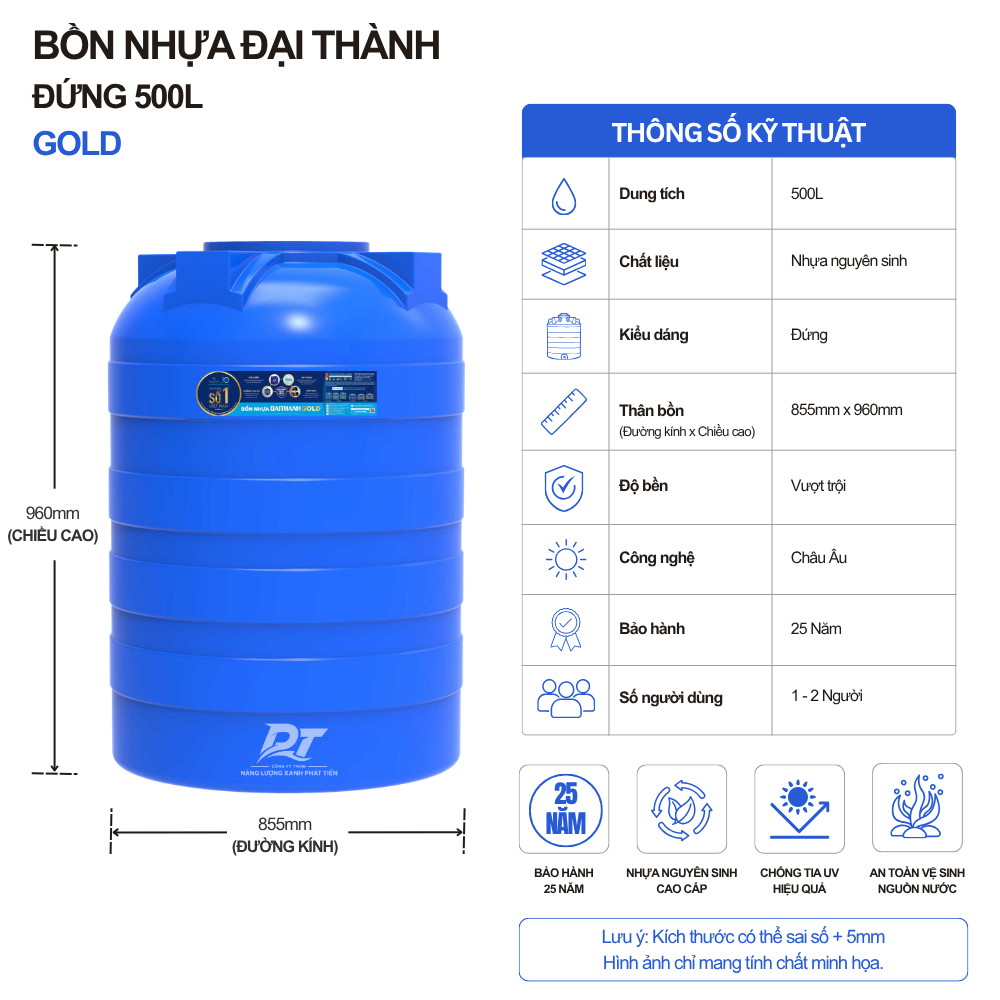 Bồn nhựa Đại Thành Gold 500L đứng Bồn nhựa Đại Thành Gold 500L đứng