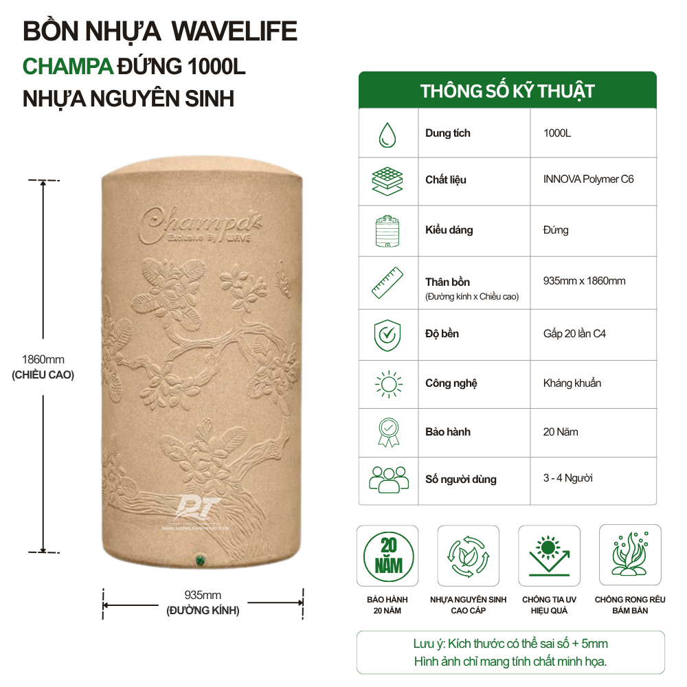 Bồn nhựa kháng khuẩn CHAMPA 1000L Bồn nhựa kháng khuẩn CHAMPA 1000L