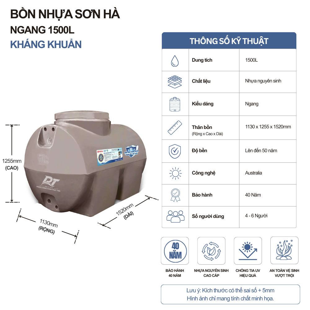 Bồn nhựa Sơn Hà kháng khuẩn 1500L ngang Bồn nhựa Sơn Hà kháng khuẩn 1500L ngang