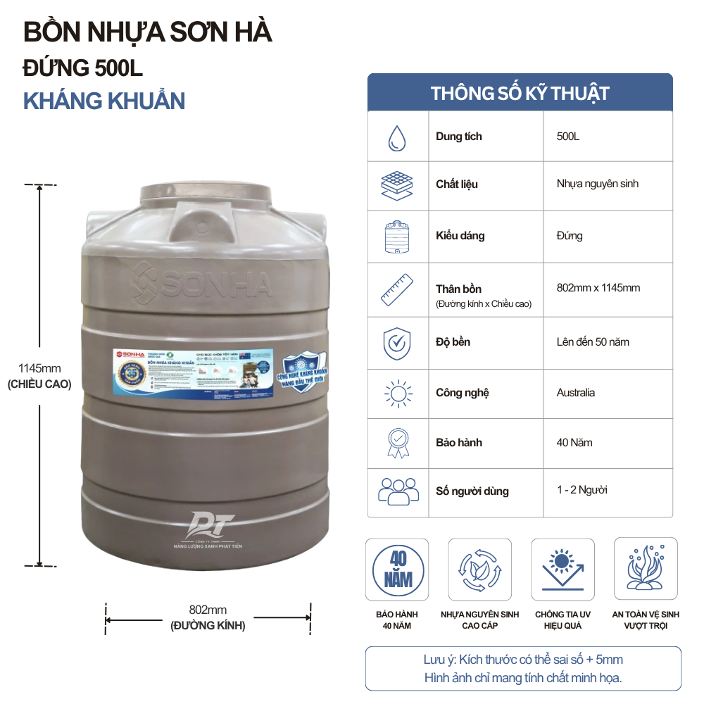 Bồn nhựa Sơn Hà kháng khuẩn 500L đứng Bồn nhựa Sơn Hà kháng khuẩn 500L đứng