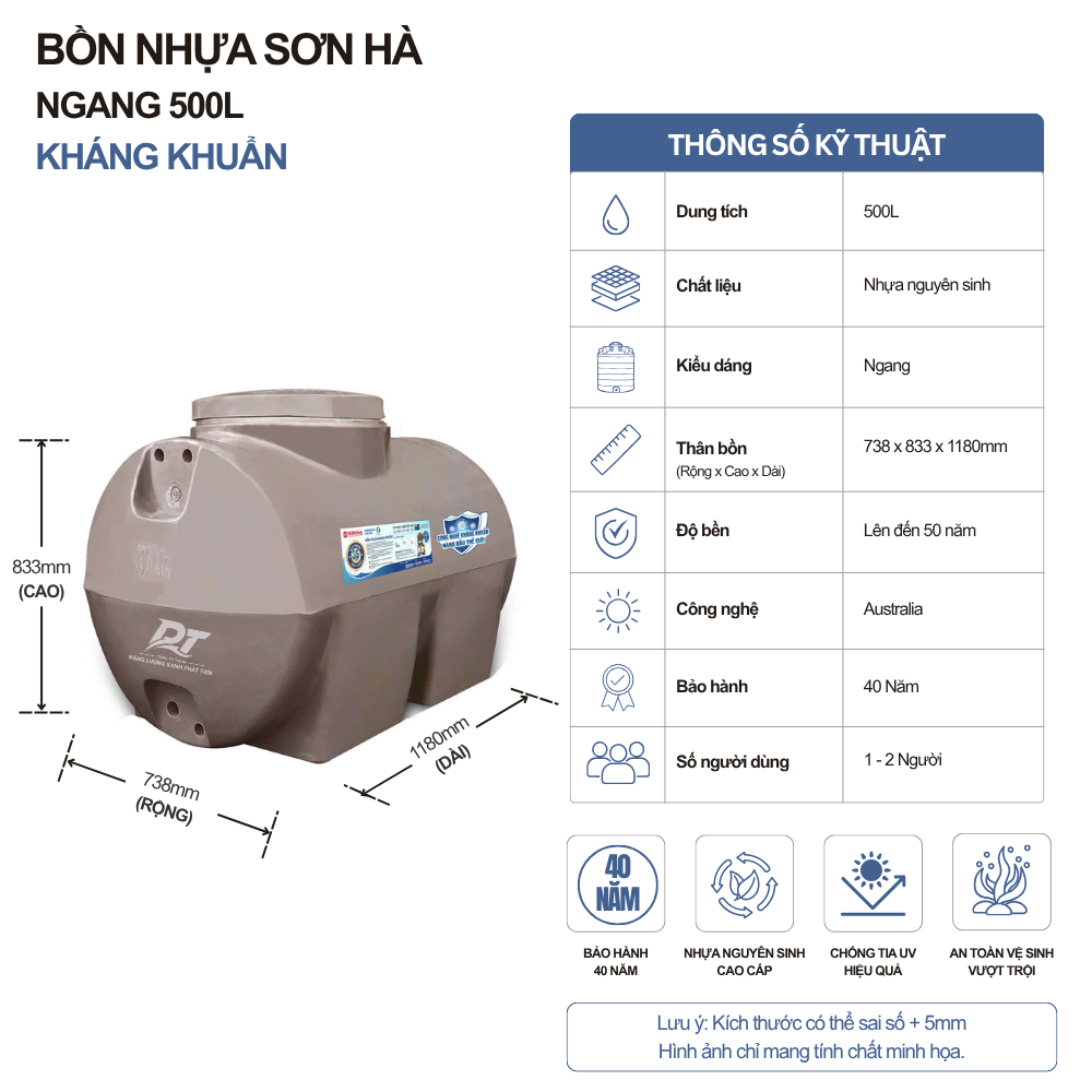 Bồn nhựa Sơn Hà kháng khuẩn 500L ngang Bồn nhựa Sơn Hà kháng khuẩn 500L ngang