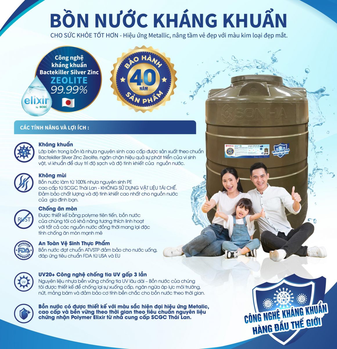 Bồn nhựa Sơn Hà kháng khuẩn 2000L đứng Bồn nhựa Sơn Hà kháng khuẩn 2000L đứng