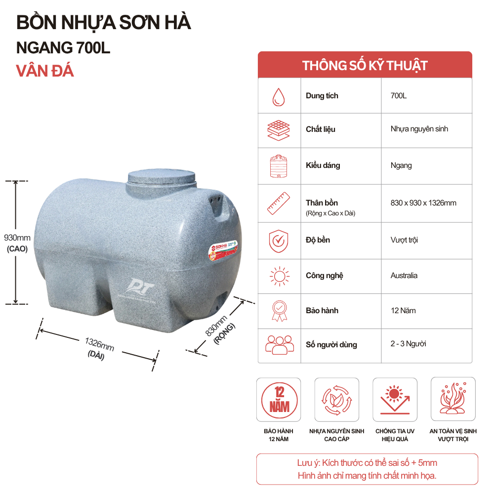 Bồn nhựa Sơn Hà vân đá 700L ngang Bồn nhựa Sơn Hà vân đá 700L ngang