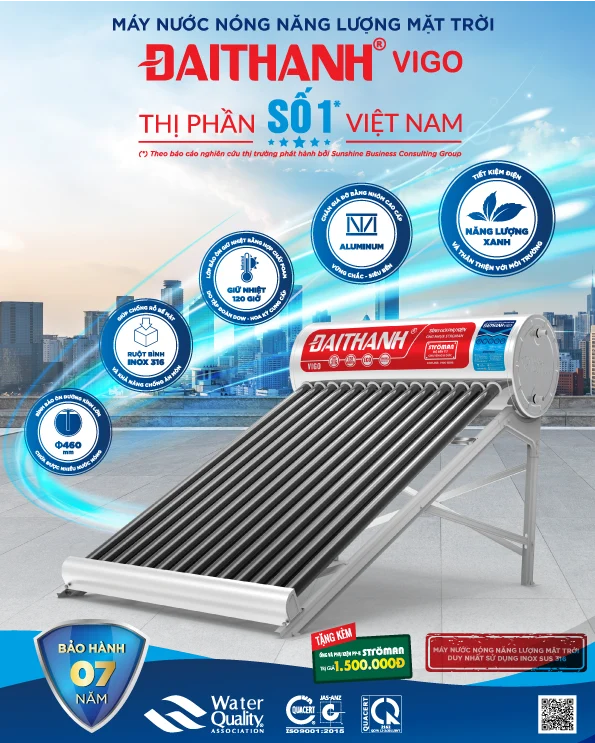Máy nước nóng năng lượng mặt trời Đại Thành Vigo 160L Máy nước nóng năng lượng mặt trời Đại Thành Vigo 160L