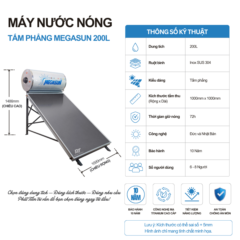Máy nước nóng tấm phẳng Megasun 200L Máy nước nóng tấm phẳng Megasun 200L