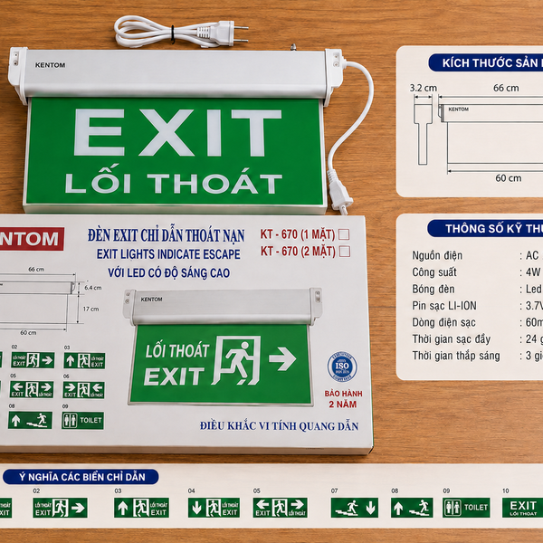 Đèn Exit Lối Thoát 1 Mặt Và 2 Mặt KT-670 Kentom