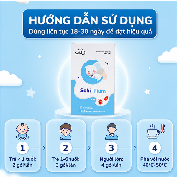 SOKI TIUM – Bột Hòa Tan Hỗ Trợ Giấc Ngủ Ngon Và Tăng Cường Đề Kháng Cho Trẻ