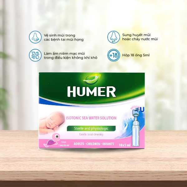 Humer Unidoses 18 ống x 5ml – Nước biển đẳng trương vệ sinh mũi hằng ngày cho trẻ từ 1 tháng tuổi