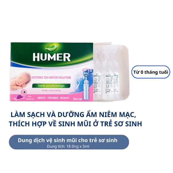Humer Unidoses 18 ống x 5ml – Nước biển đẳng trương vệ sinh mũi hằng ngày cho trẻ từ 1 tháng tuổi