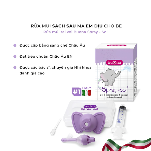 Dụng cụ xịt rửa mũi Buona Spray-sol hỗ trợ đưa dung dịch vào sâu khoang mũi cho trẻ em