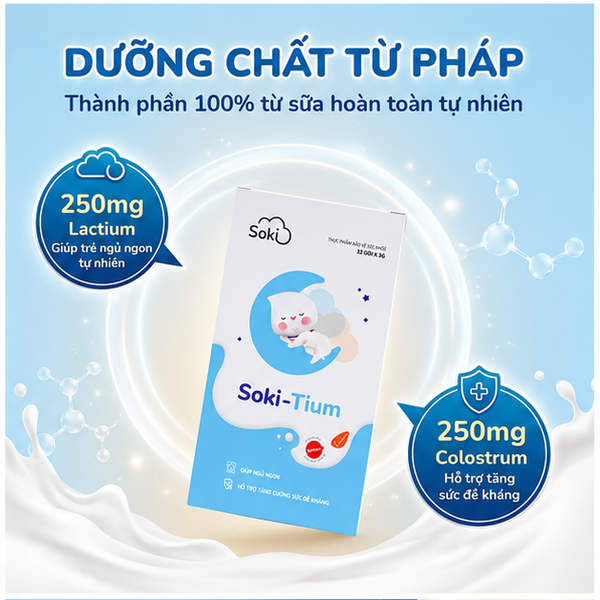 SOKI TIUM – Bột Hòa Tan Hỗ Trợ Giấc Ngủ Ngon Và Tăng Cường Đề Kháng Cho Trẻ