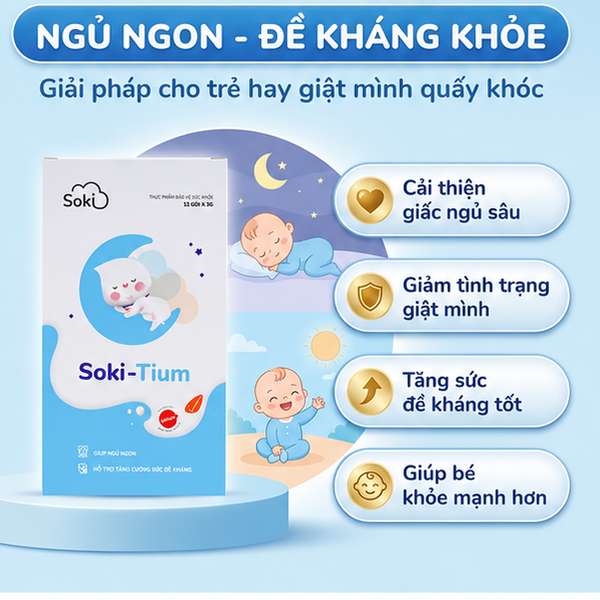 SOKI TIUM – Bột Hòa Tan Hỗ Trợ Giấc Ngủ Ngon Và Tăng Cường Đề Kháng Cho Trẻ