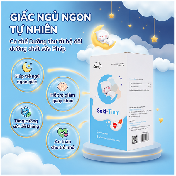 SOKI TIUM – Bột Hòa Tan Hỗ Trợ Giấc Ngủ Ngon Và Tăng Cường Đề Kháng Cho Trẻ