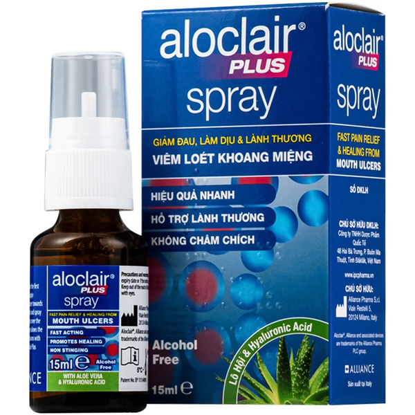 Chai xịt nhiệt miệng, tay chân miệng Aloclair Plus 15ml hỗ trợ giảm đau và bảo vệ tổn thương trong khoang miệng