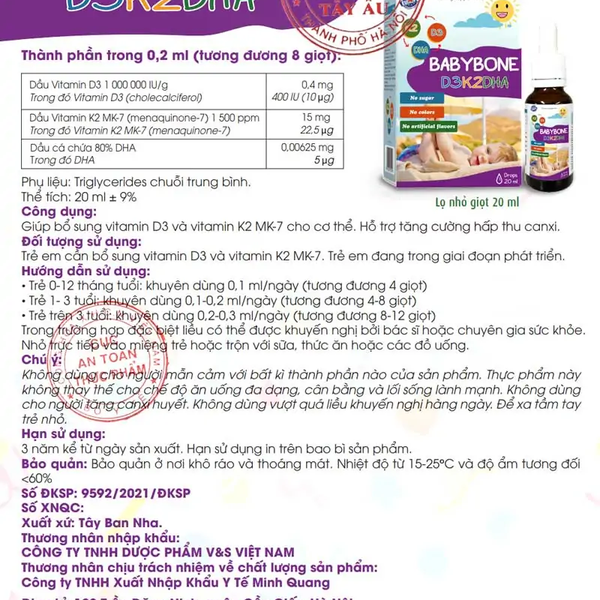 Vitamin D3K2 DHA BabyBone 20ml Hỗ Trợ Hấp Thu Canxi, Phát Triển Trí Não