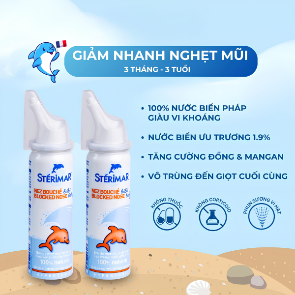 Dung dịch xịt mũi Sterimar Blocked Nose Baby 50ml – Hỗ trợ giảm nghẹt mũi, làm sạch dịch nhầy cho trẻ từ 3 tháng tuổi