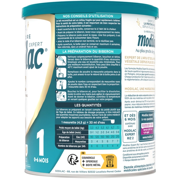 Sữa Modilac Expert Riz 1 800g - Phù hợp với trẻ dị ứng đạm sữa bò (0–6 tháng)