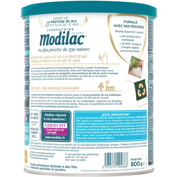 Sữa Modilac Expert Riz 1 800g - Phù hợp với trẻ dị ứng đạm sữa bò (0–6 tháng)