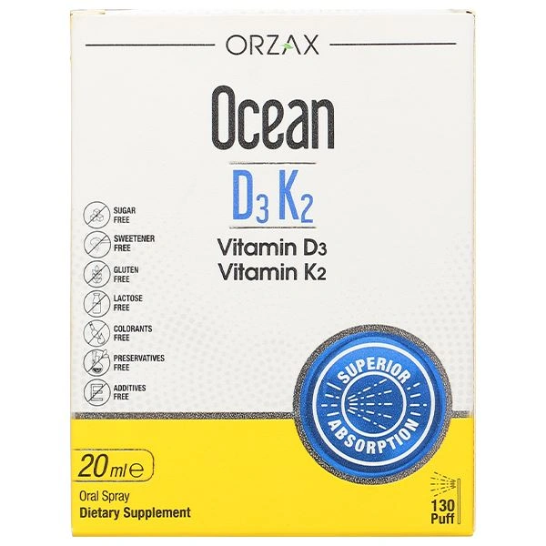 Ocean D3K2 Orzax 20ml – Bổ Sung Vitamin D3 & K2 Hỗ Trợ Hấp Thu Canxi Cho Trẻ Từ 0 Tháng Tuổi