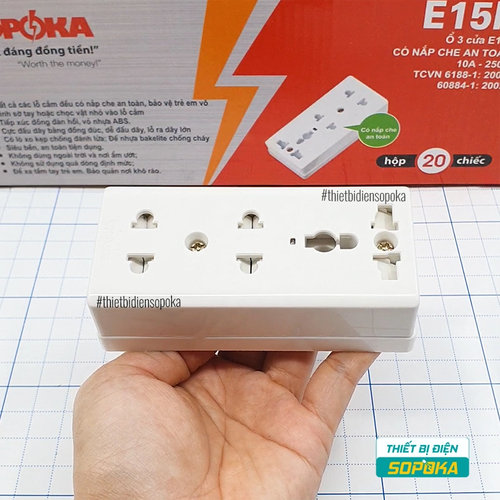 Ổ Cắm Điện 3 Lỗ Gắn Táp Lô Có Nắp Che E15N SOPOKA