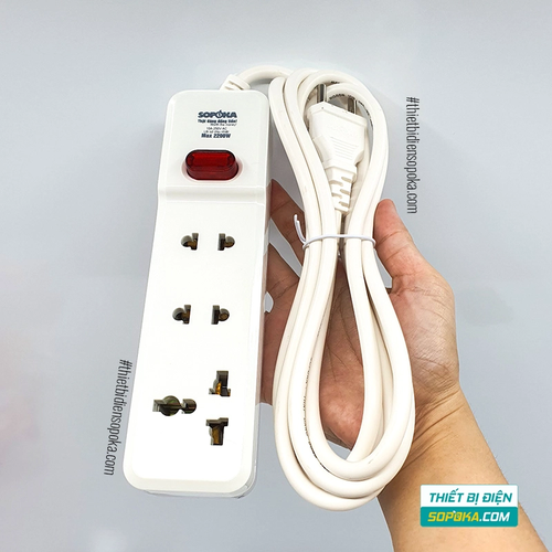 Ổ Cắm Điện 3 Lỗ Lõi Sứ Có Dây Và Công Tắc 2200W 10A 3M2 SOPOKA