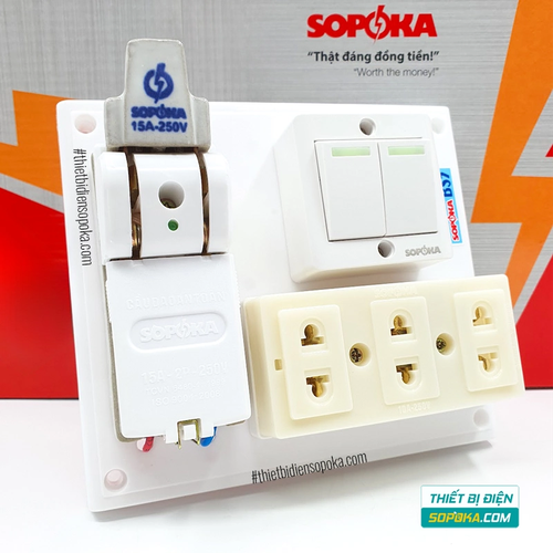 Bảng Điện 2 Công Tắc 3 Lỗ Cắm Cầu Dao Sứ 15A 2200W 10A BS5 SOPOKA